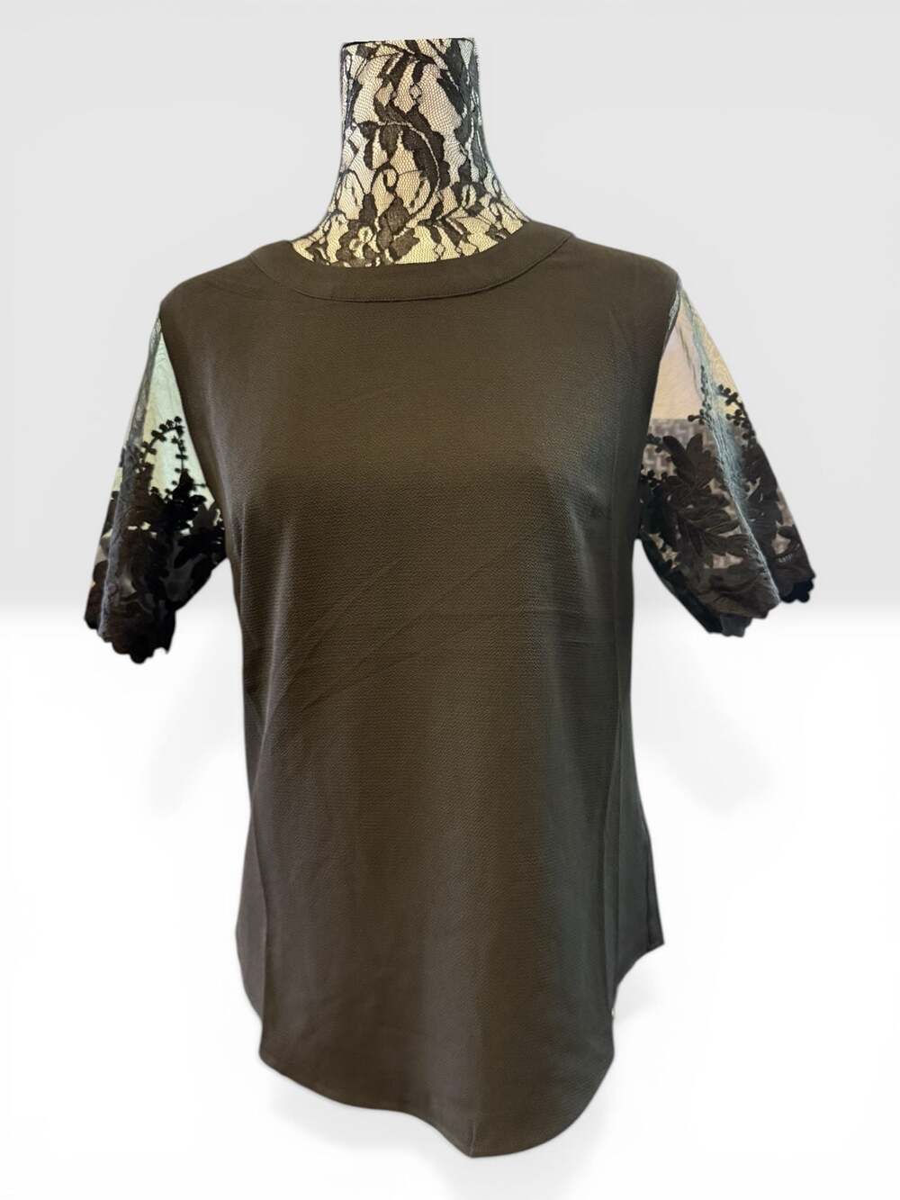 Lulus Black Satin Top XS Lace Sheer Sleeve Blouse NWT Elegant
